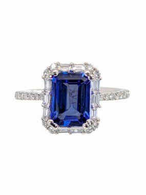 1.6Ct Tanzanite Ring with Natural Diamond Halo in Solid 14K White Gold